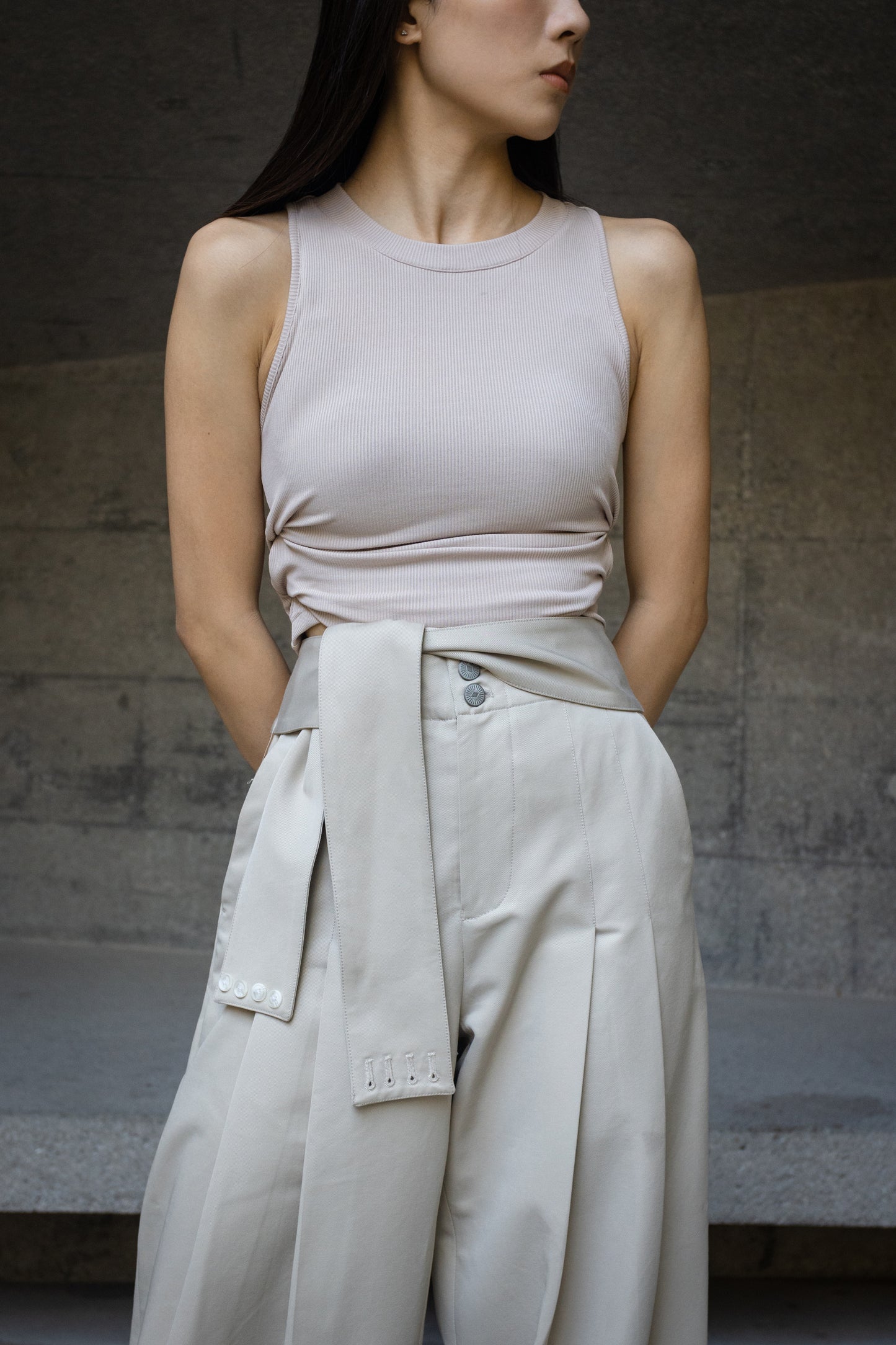 Khaki wide leg pants with belts