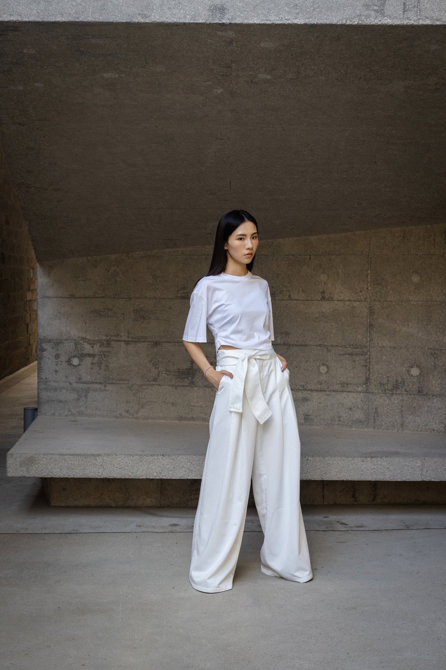 White wide leg pants with belts