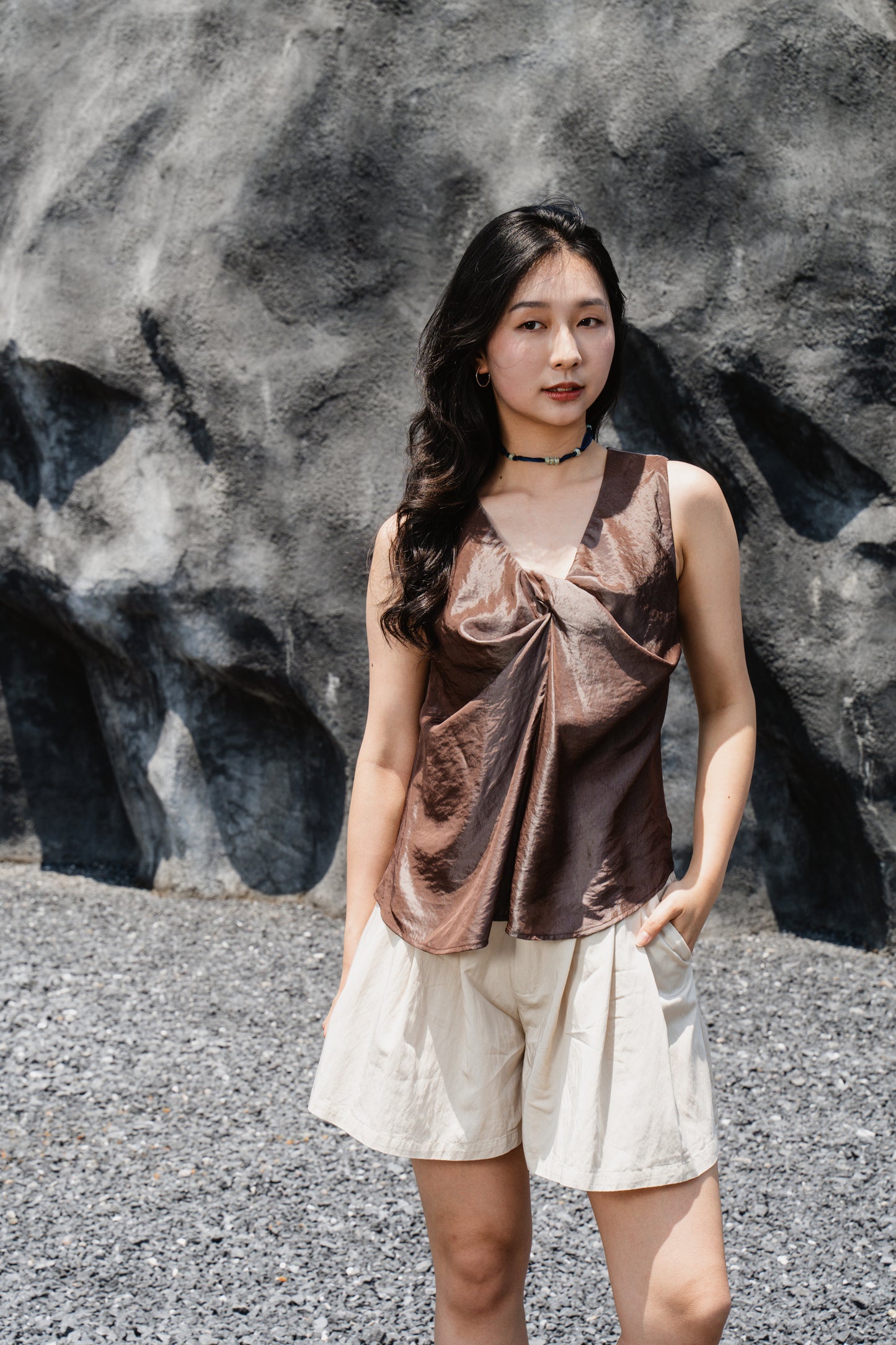 Camel Twist-Front Sleeveless Top