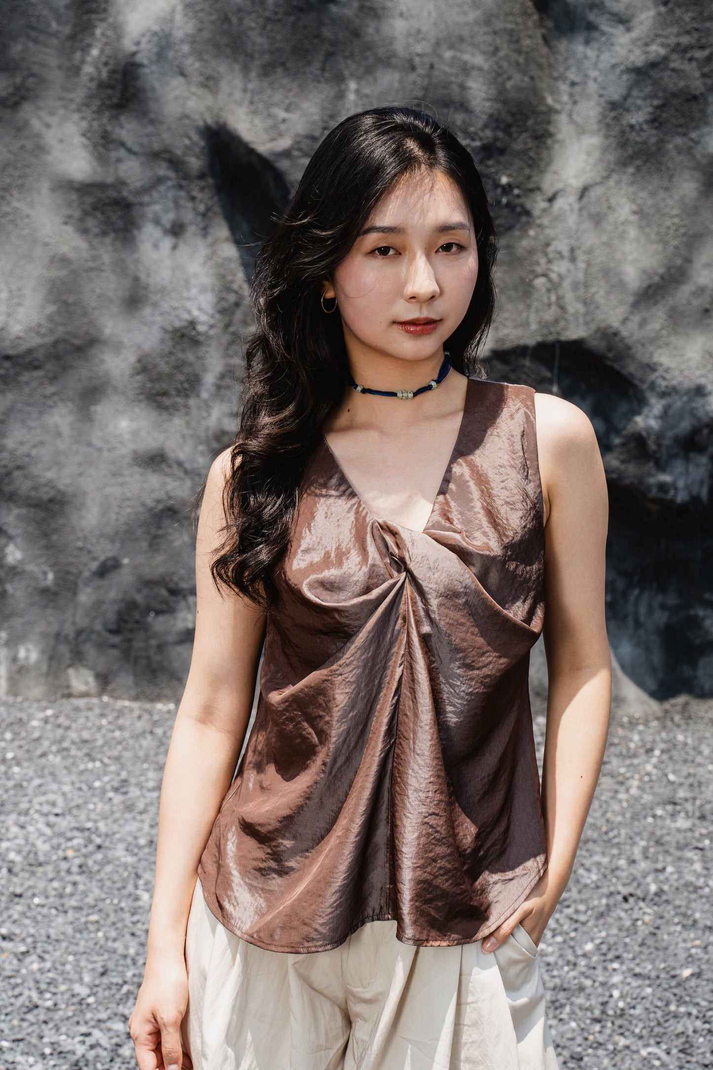 Camel Twist-Front Sleeveless Top
