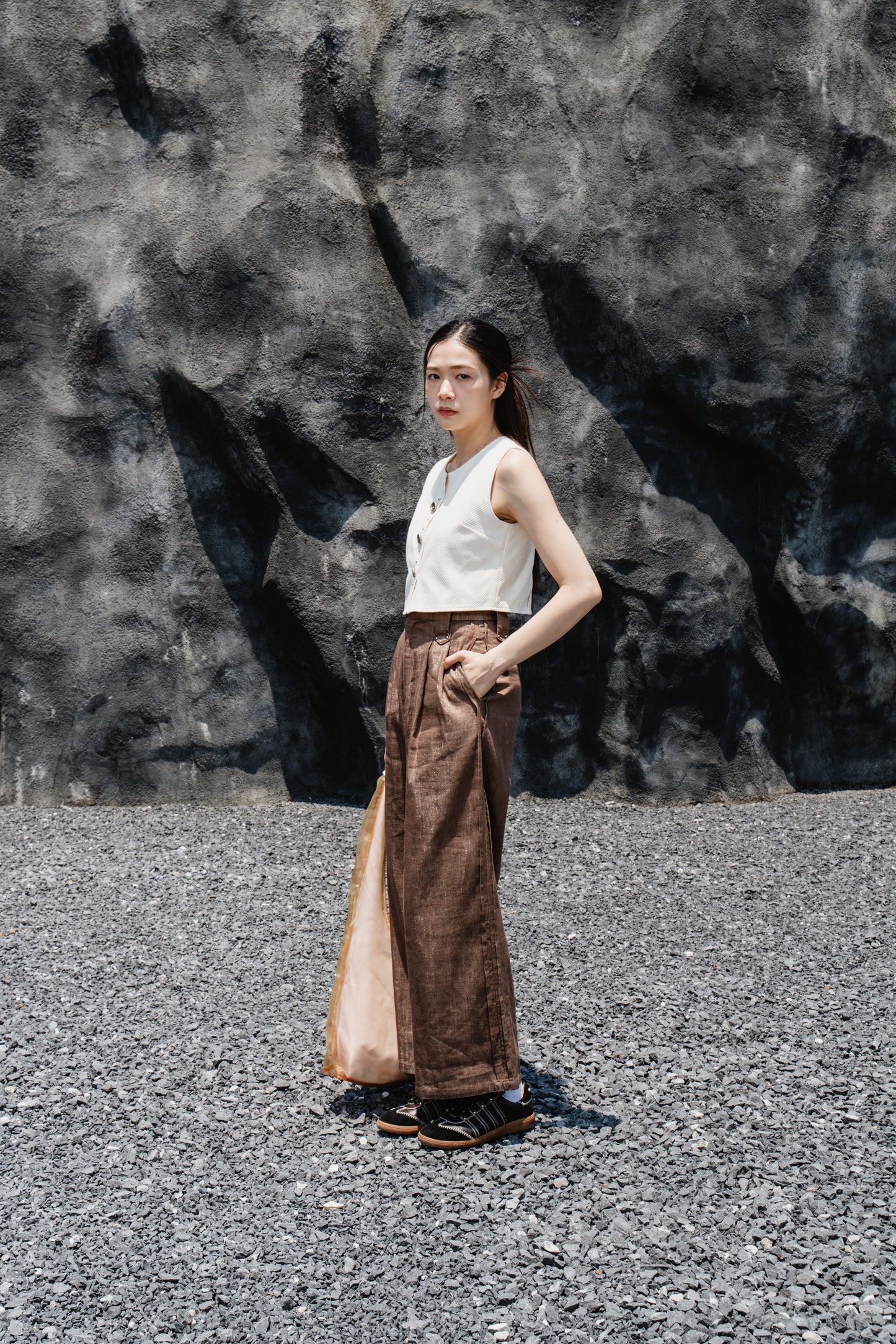 Cream Striped Back-Slit Vest