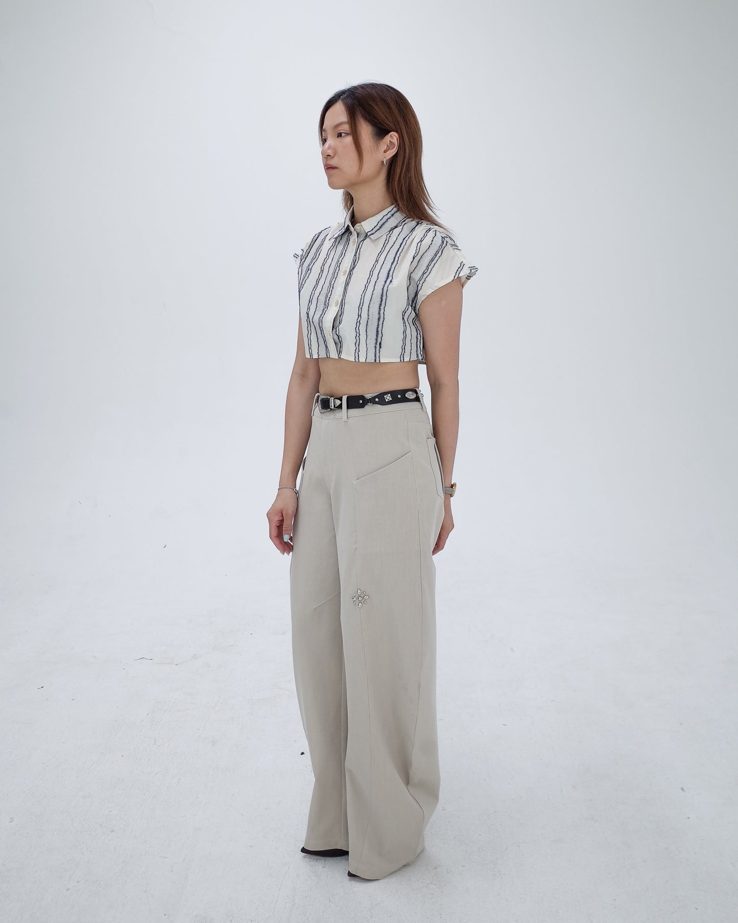 Cream High Waisted Curved Pants