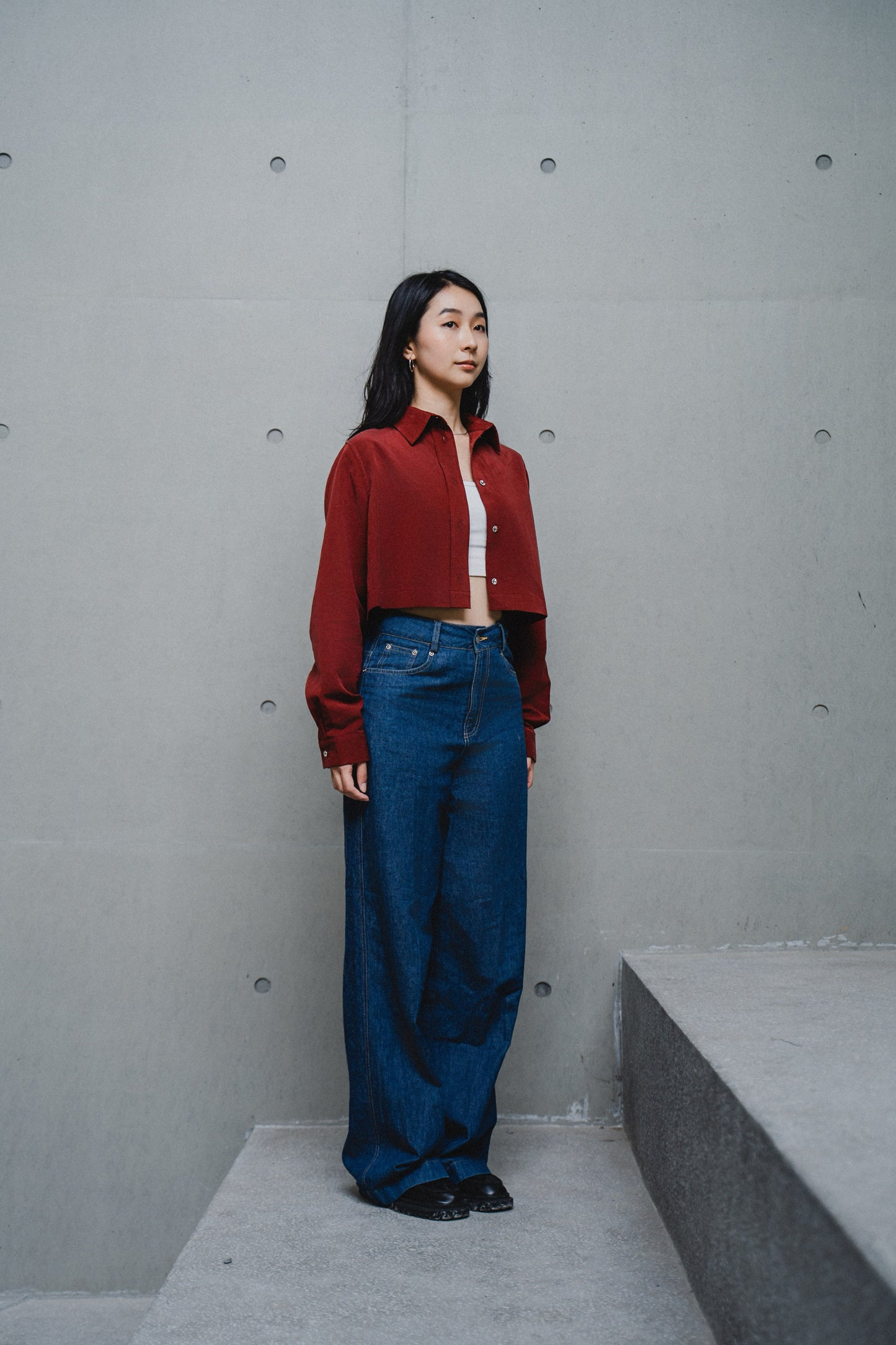 RED CROPPED TENCEL COTTON SHIRT