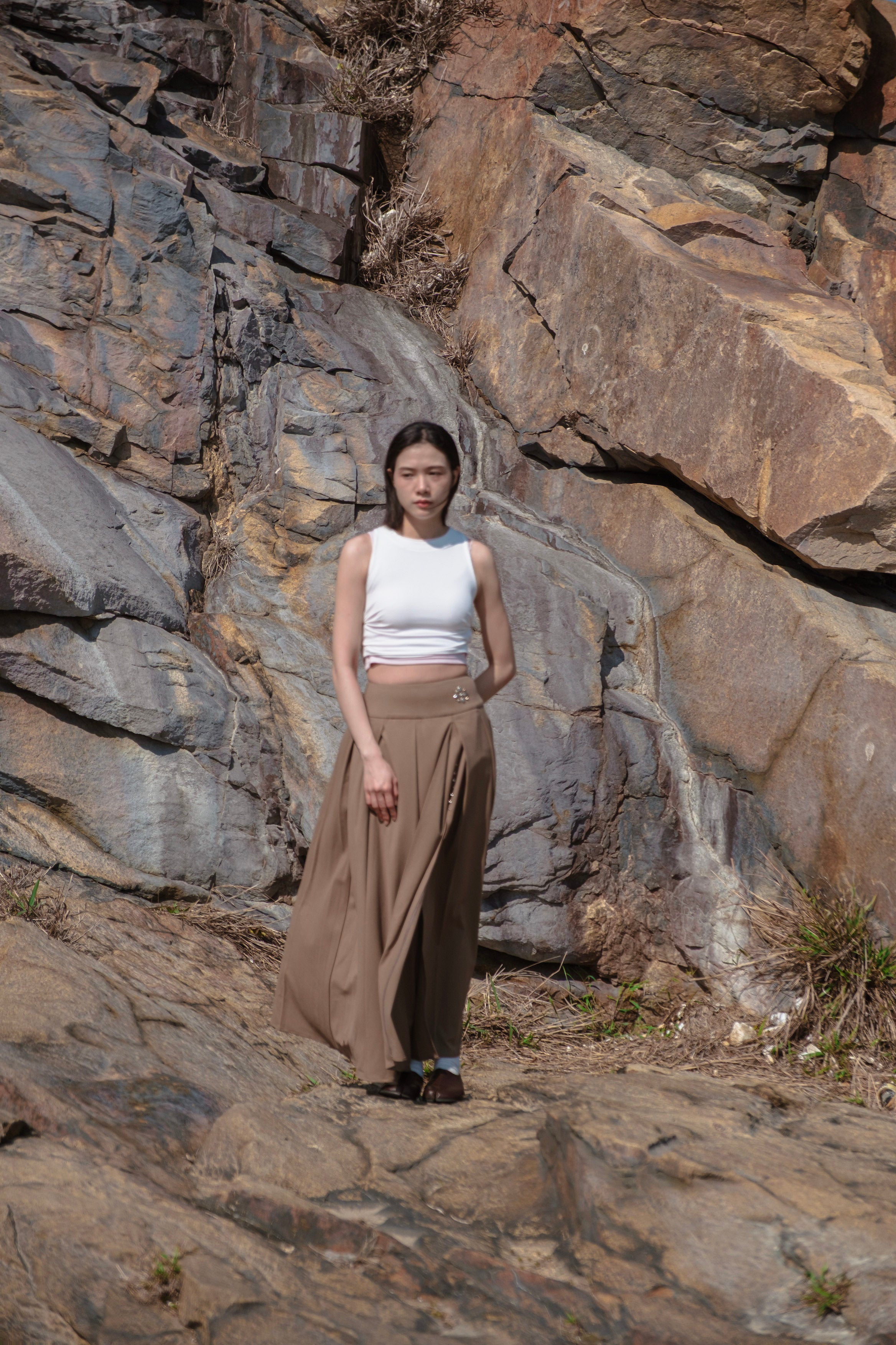 Side-Slit Pleated Midi Skirt