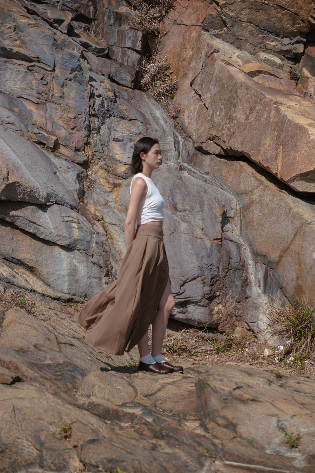 Side-Slit Pleated Midi Skirt