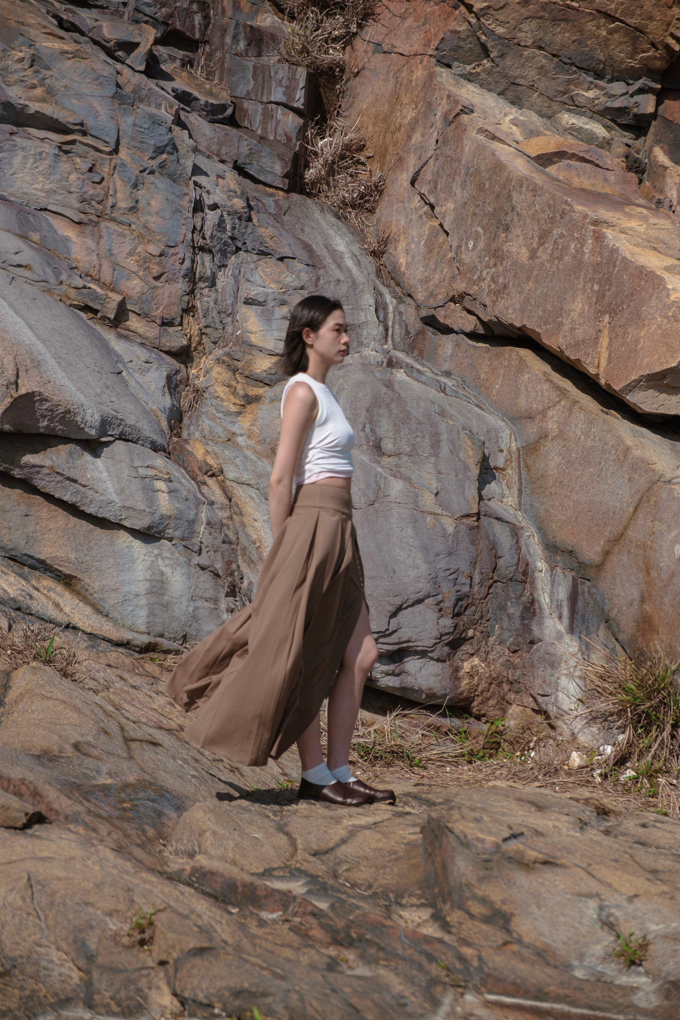 Side-Slit Pleated Midi Skirt