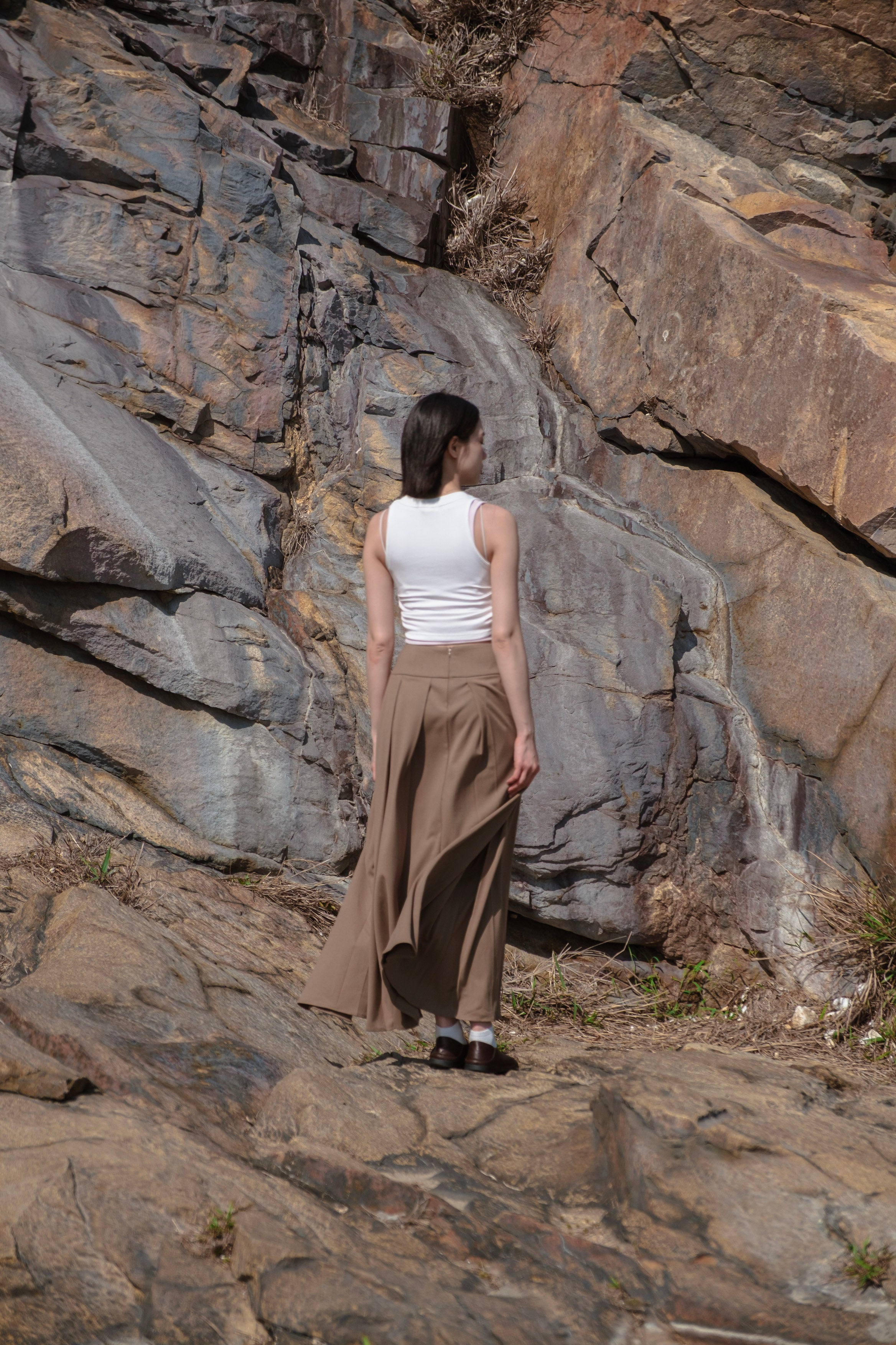 Side-Slit Pleated Midi Skirt