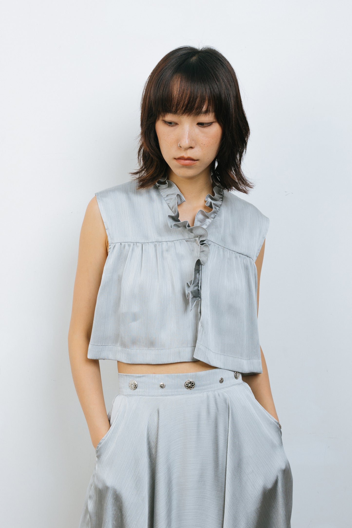 Silver Silk Ruffles Top