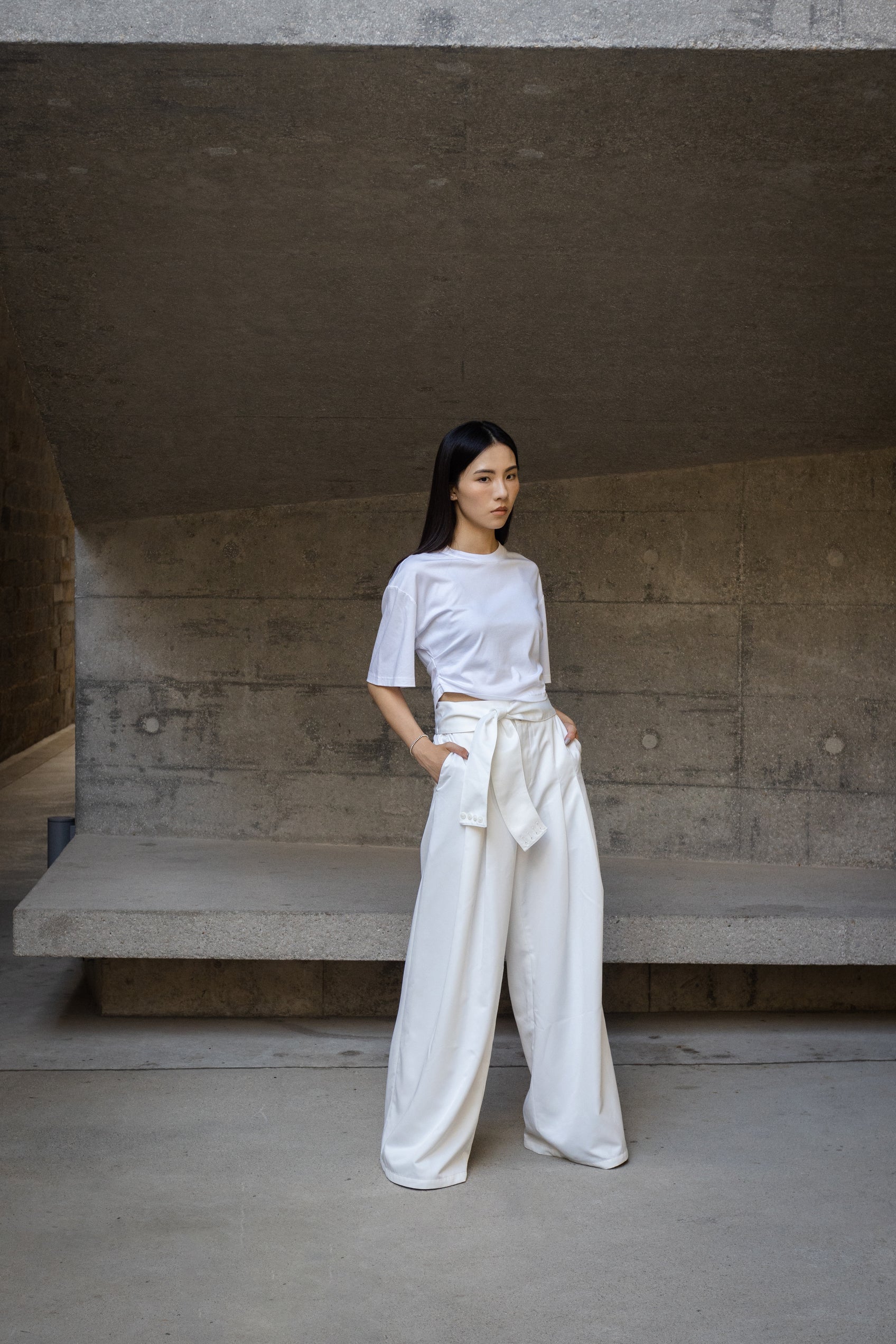White wide leg pants with belts