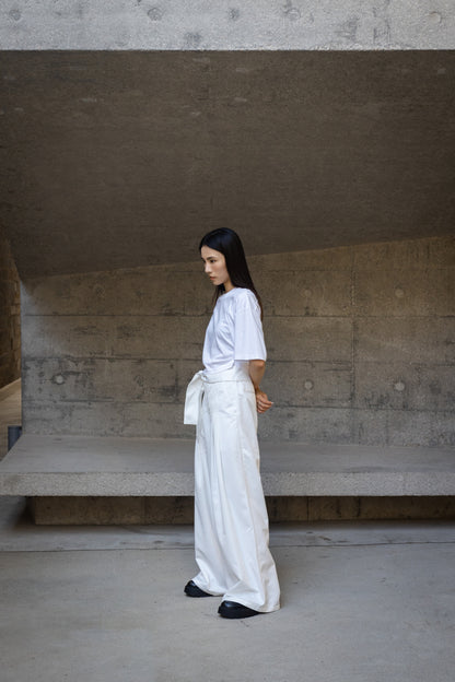 White wide leg pants with belts