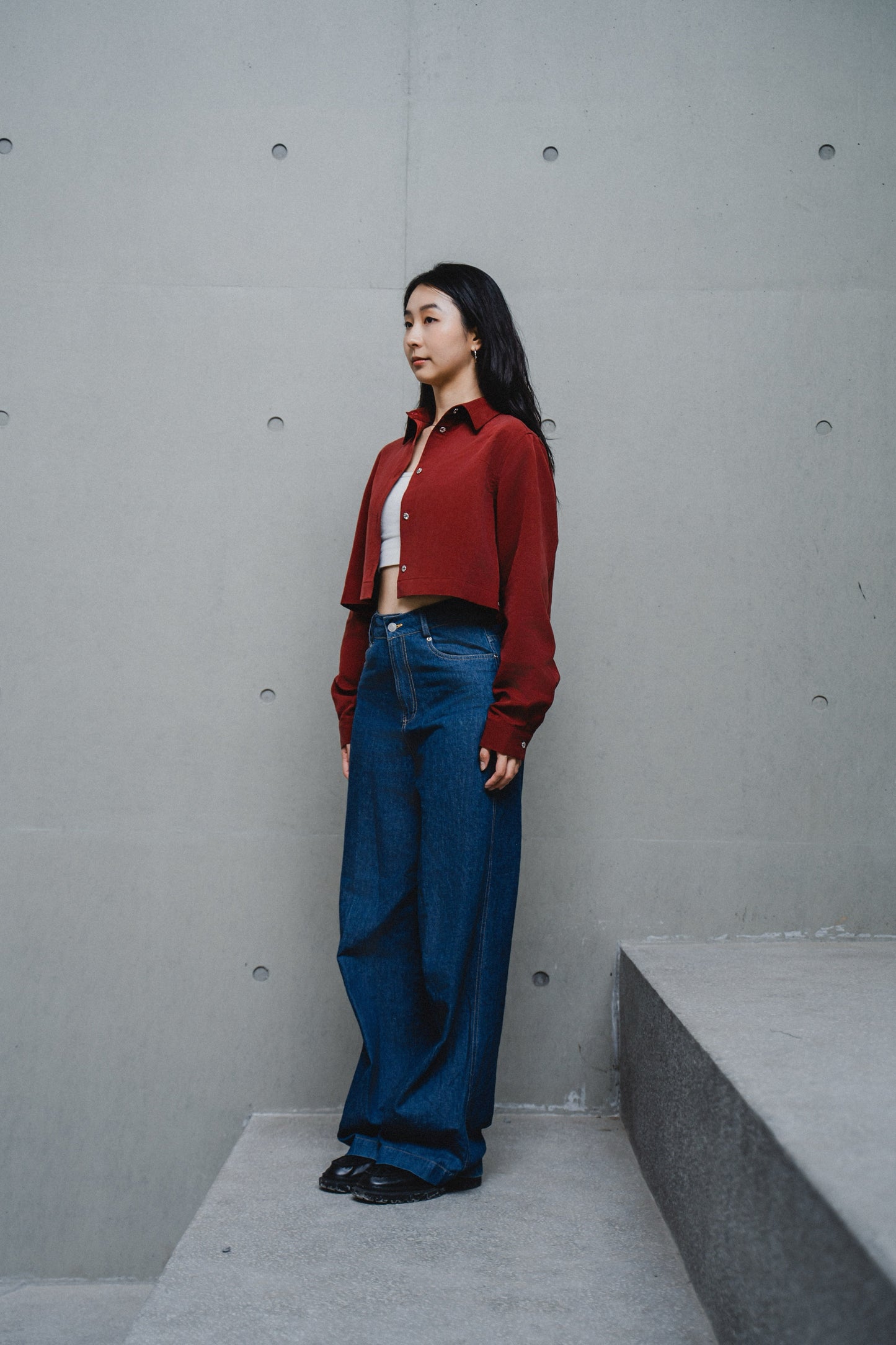 RED CROPPED TENCEL COTTON SHIRT