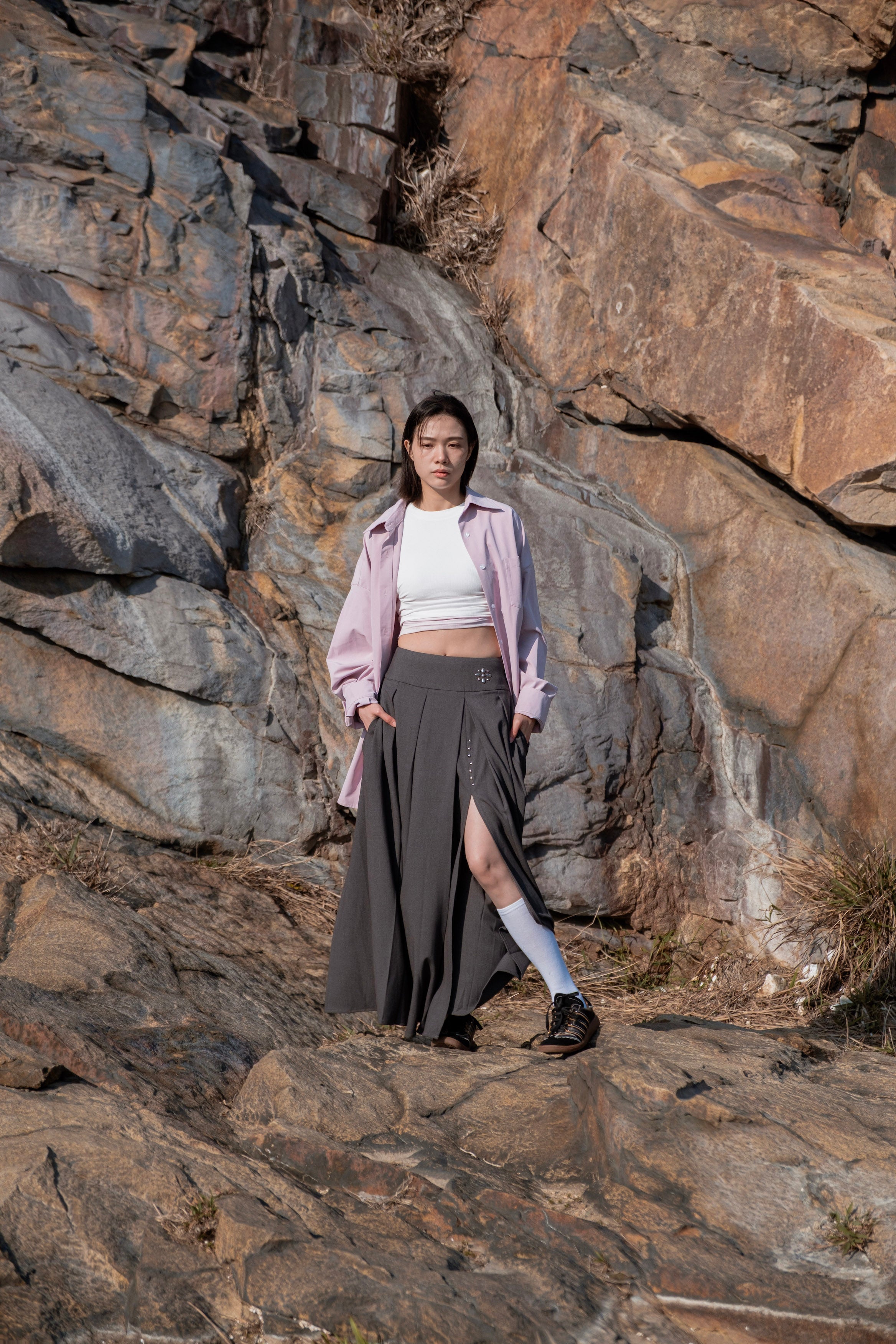 Grey Side-Slit Pleated Midi Skirt