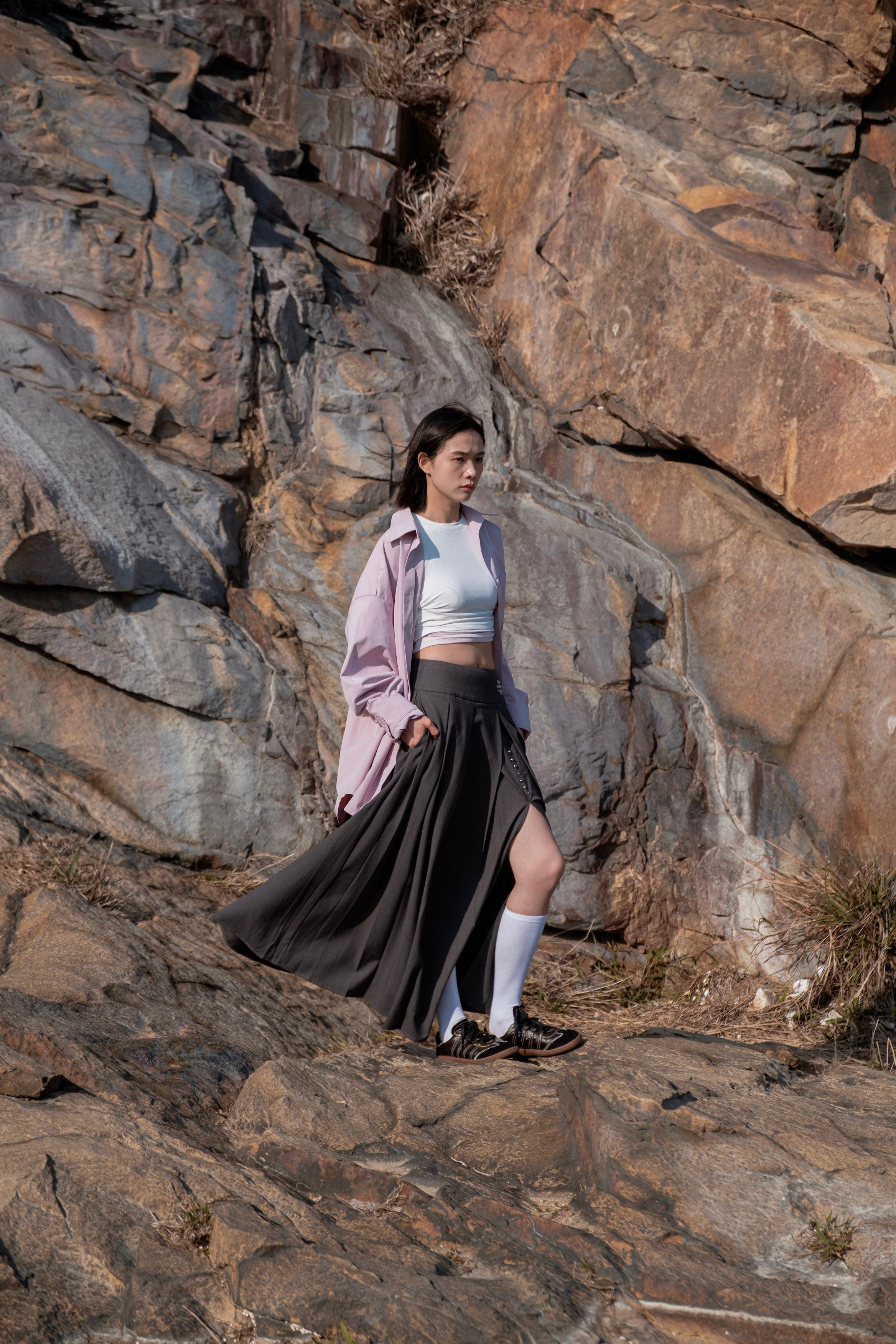 Grey Side-Slit Pleated Midi Skirt