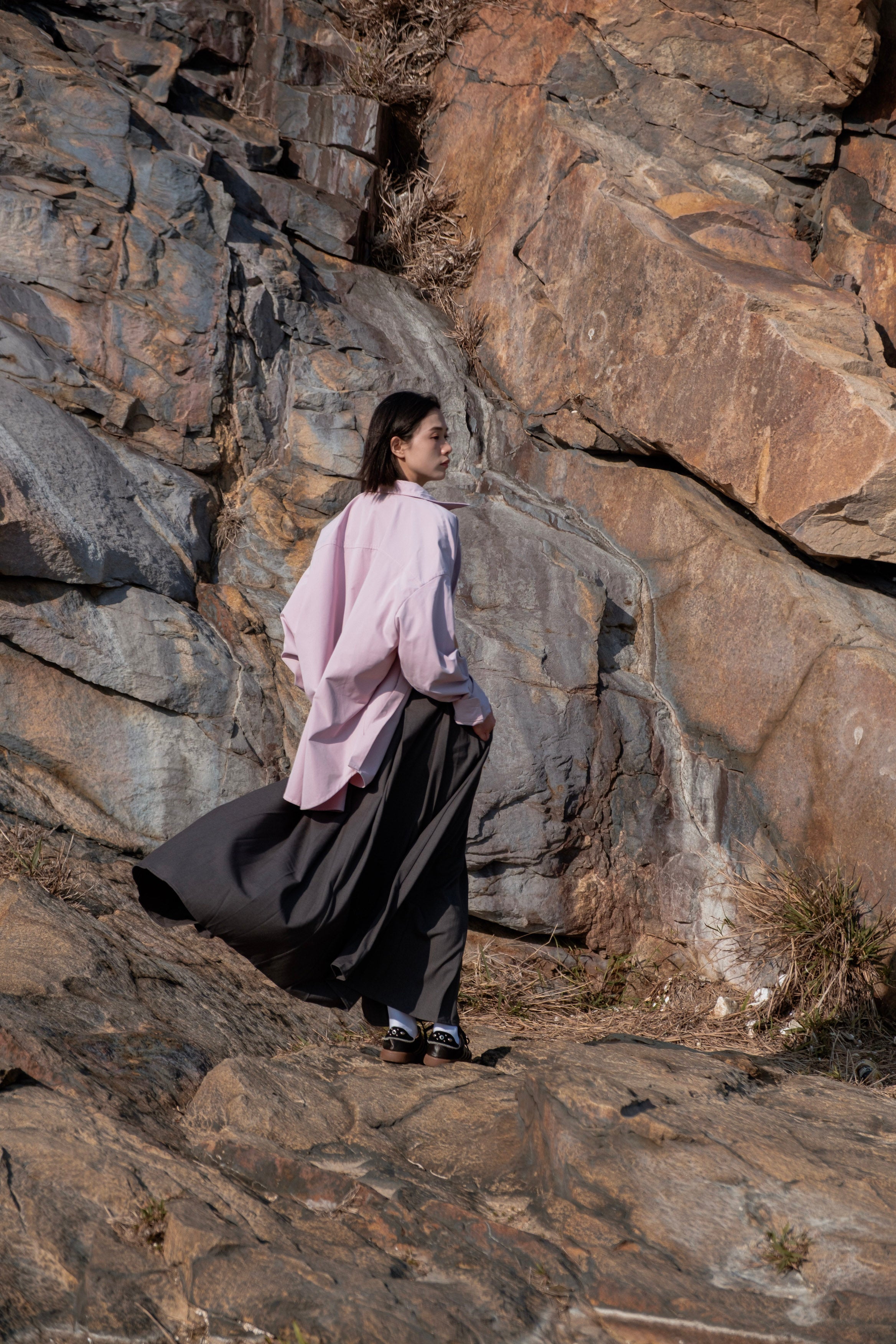 Grey Side-Slit Pleated Midi Skirt