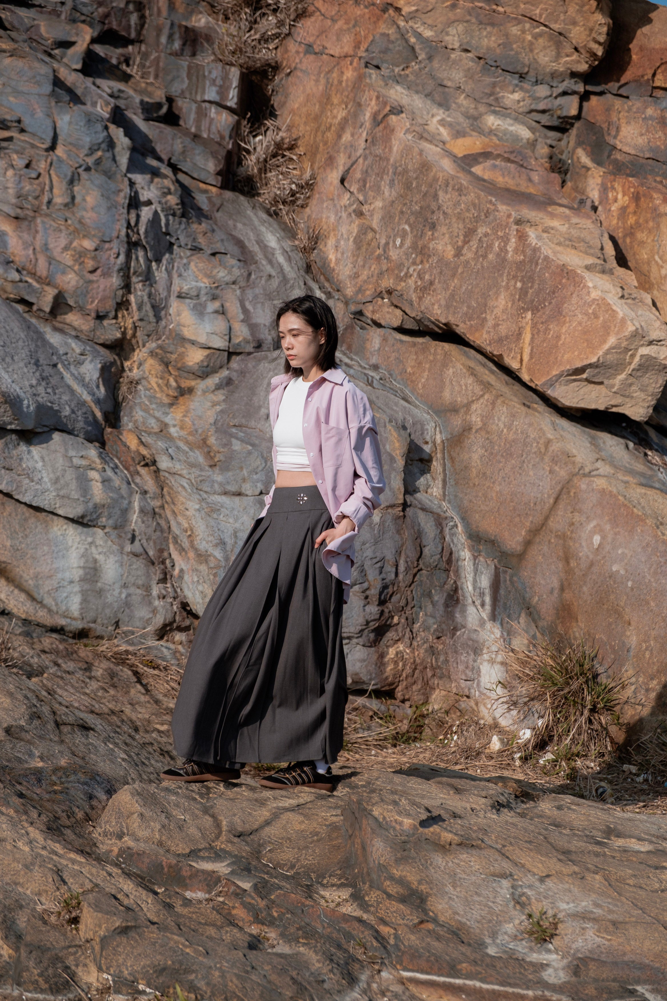 Grey Side-Slit Pleated Midi Skirt