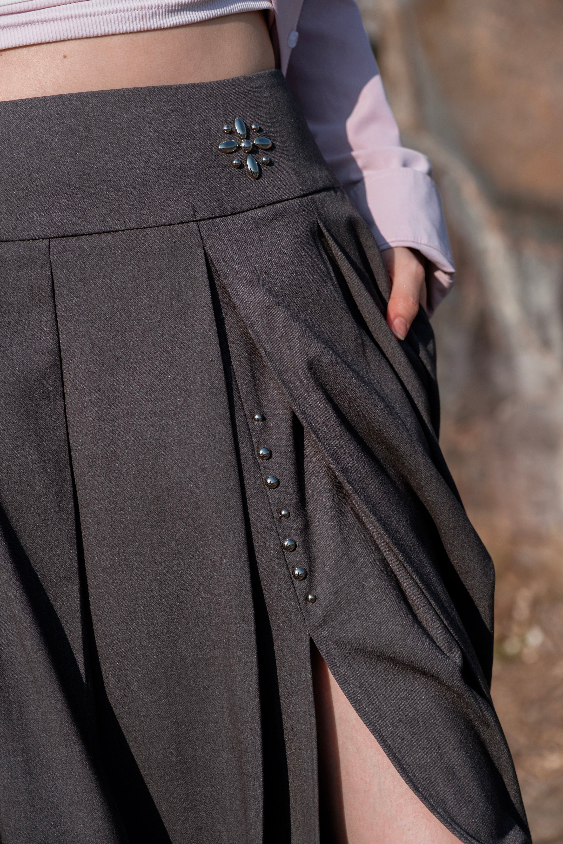 Grey Side-Slit Pleated Midi Skirt