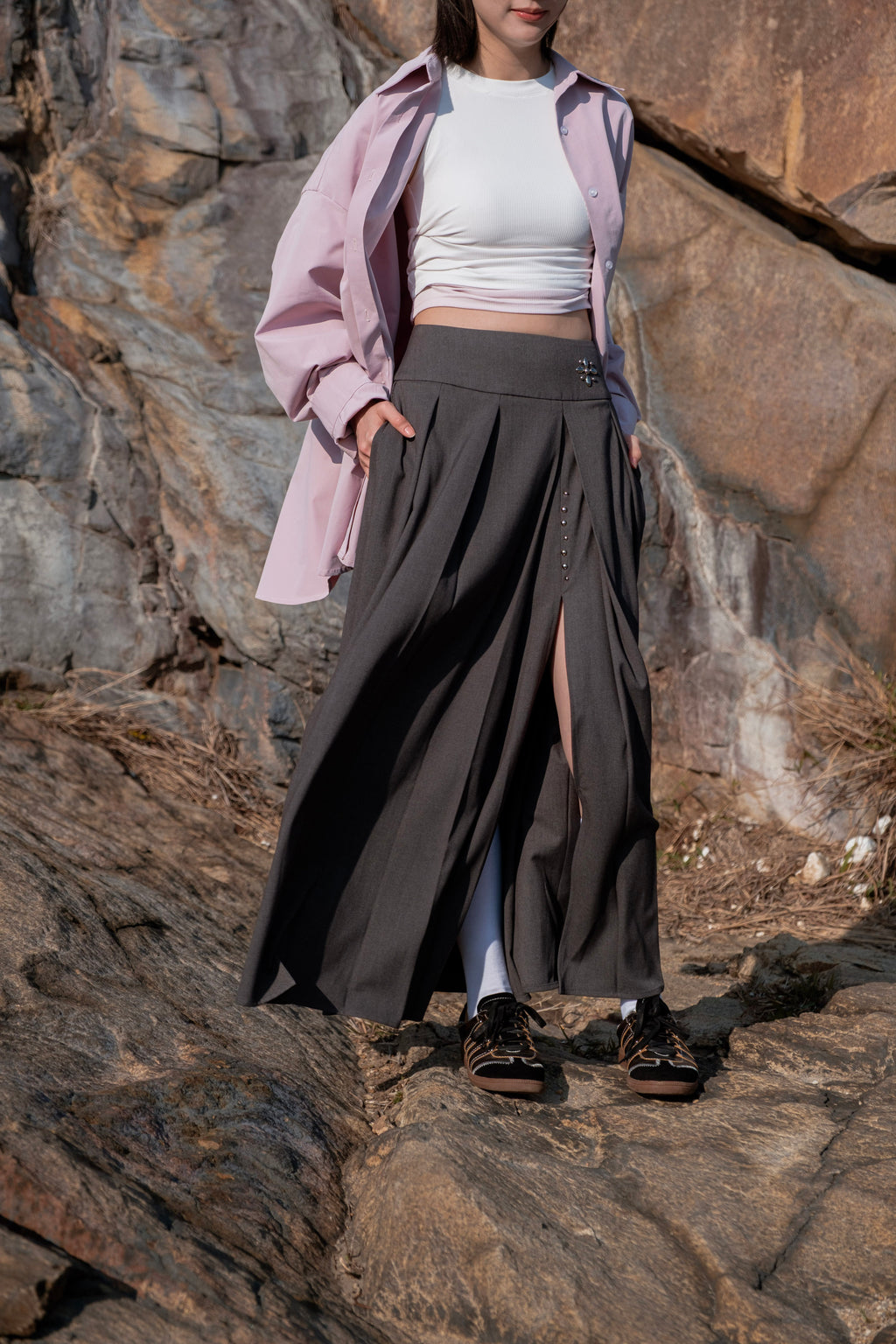Grey Side-Slit Pleated Midi Skirt