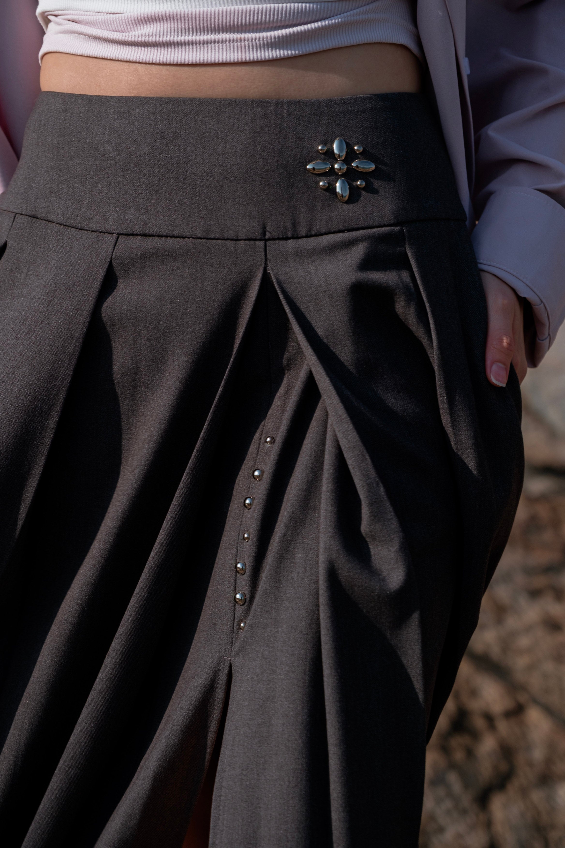 Grey Side-Slit Pleated Midi Skirt