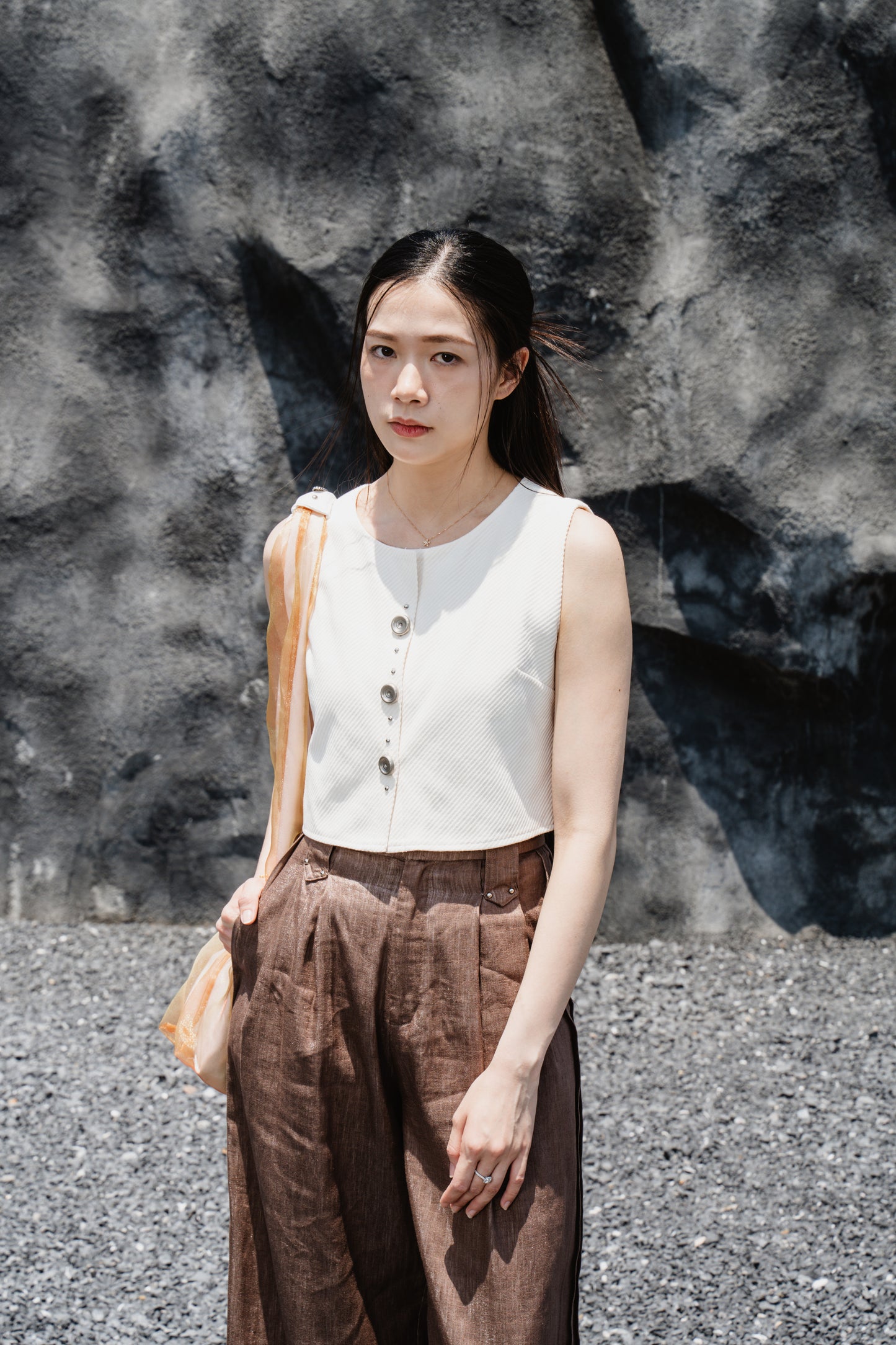 Cream Striped Back-Slit Vest