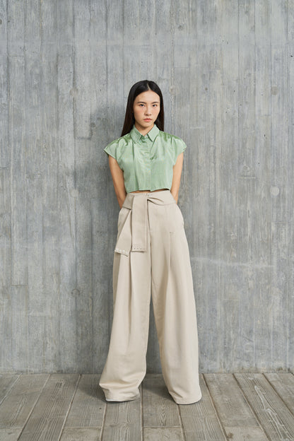Khaki wide leg pants with belts