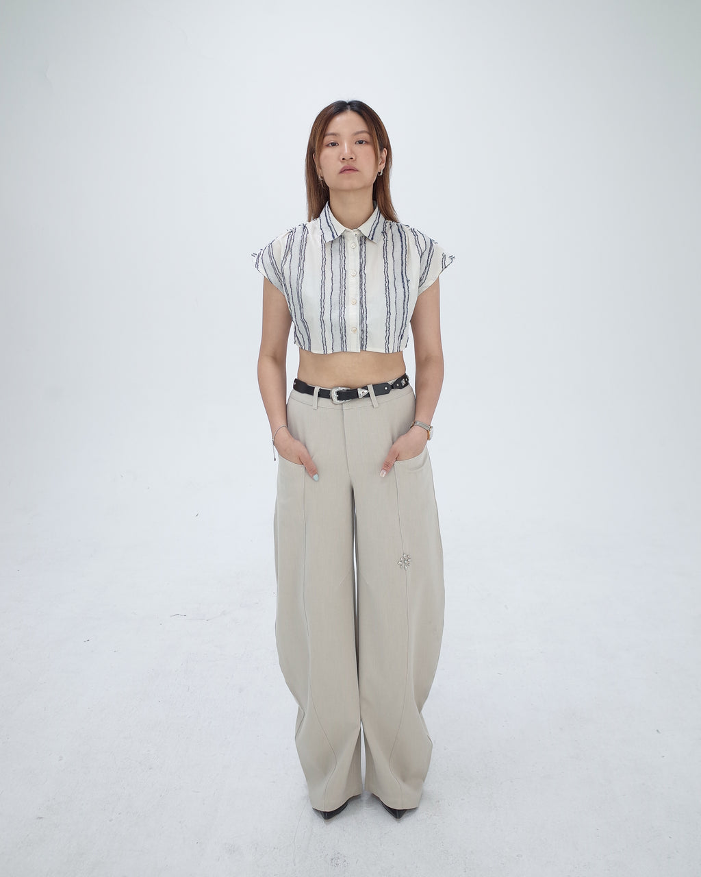 Cream High Waisted Curved Pants