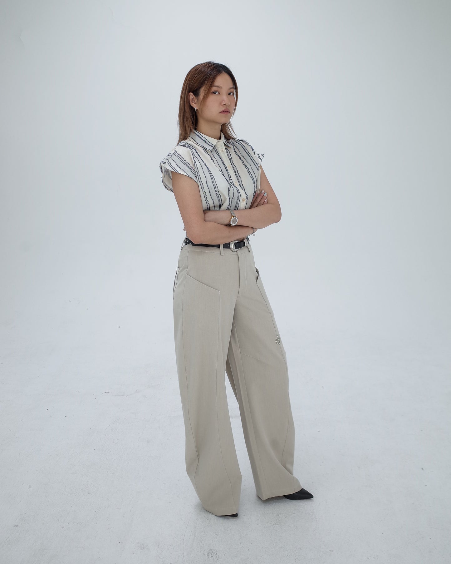 Cream High Waisted Curved Pants