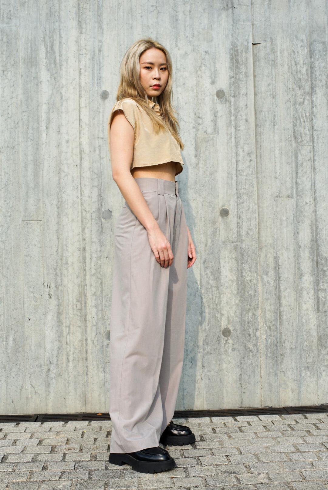 Light grey  High waisted belted wide leg trousers