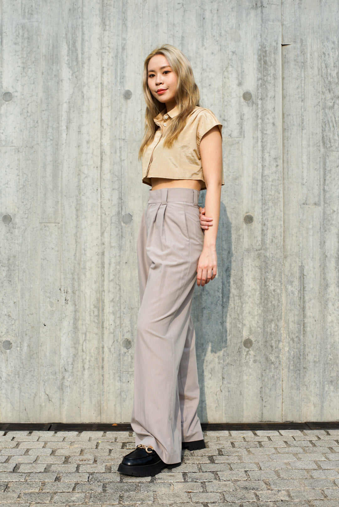 Light grey High waisted belted wide leg trousers