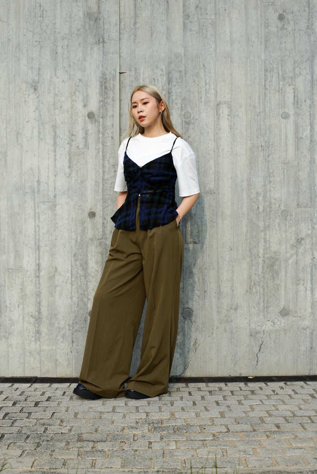 Green High waisted belted wide leg trousers