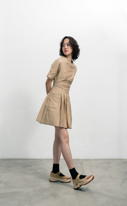 Khaki Pleated Dress
